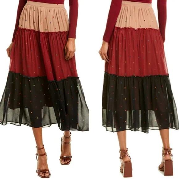 Farm Rio Women's Mixed Dots Maxi Skirt Multi Tiered Color Blocked Sheer Overlay - Picture 1 of 8
